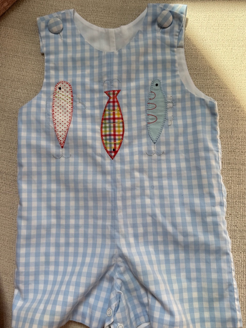 Fishing outfit. Castles & Crowns Light Blue Gingham Romper with Fish Appliqué